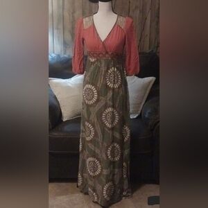 Anthropologie Flying Tomato Paisley Maxi Dress 3/4 Sleeve Size M